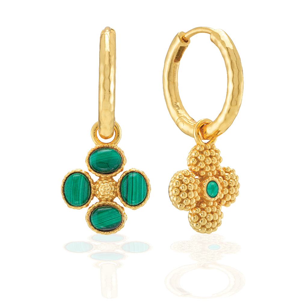 Berry Clover Hoop Earrings with Double Sided Charm in Malachite