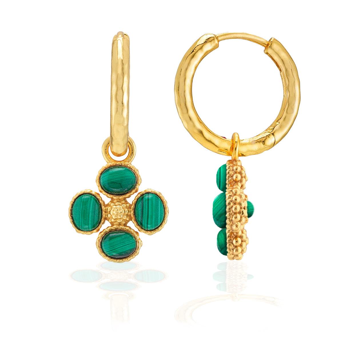 Berry Clover Hoop Earrings with Double Sided Charm in Malachite