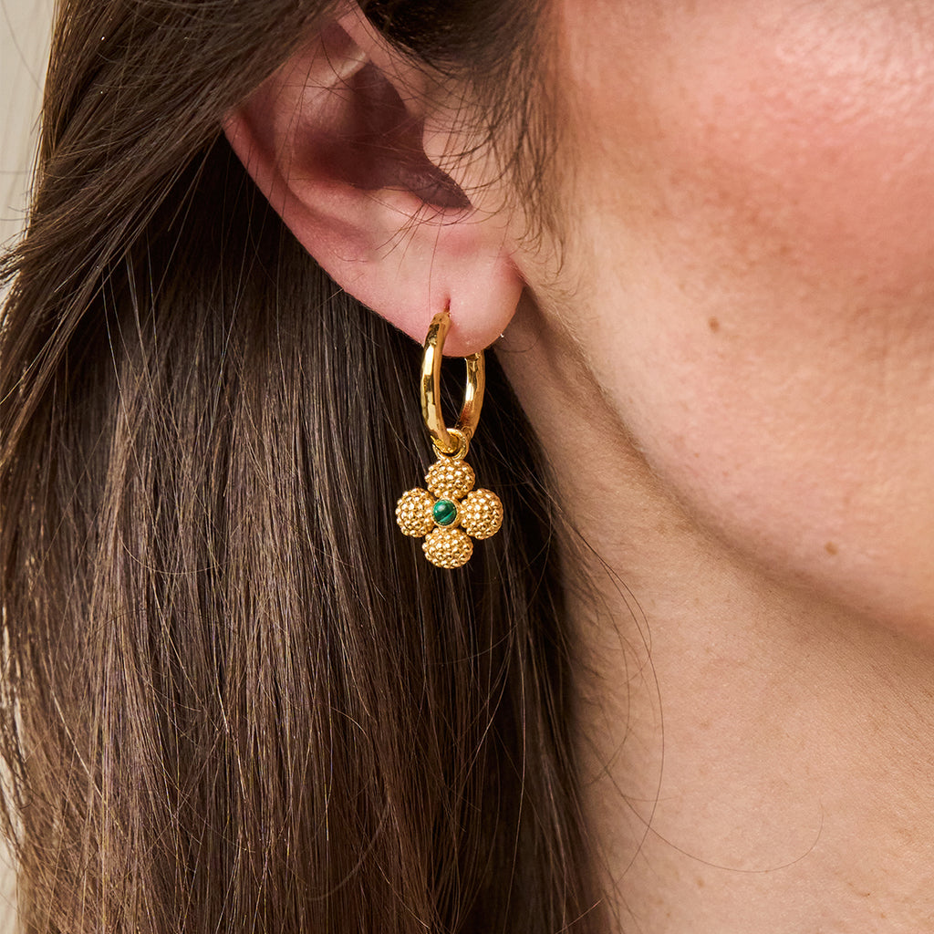 Berry Clover Hoop Earrings with Double Sided Charm in Malachite
