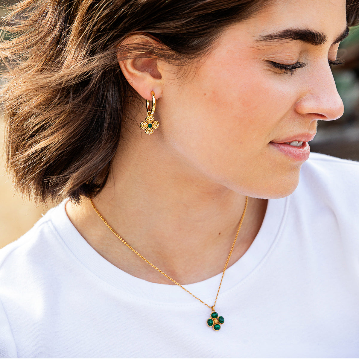 Berry Clover Hoop Earrings with Double Sided Charm in Malachite