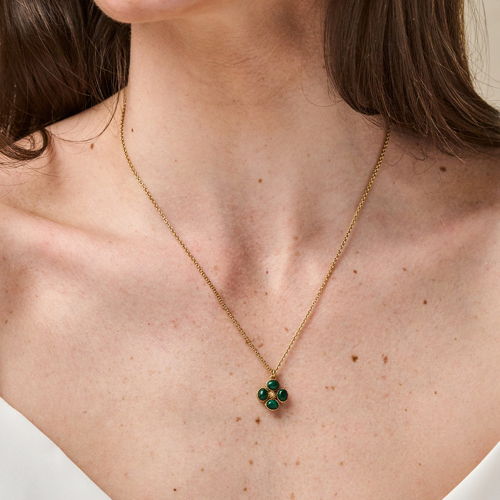 Berry Clover Double Sided Charm Necklace, 16"+ 2" in Malachite