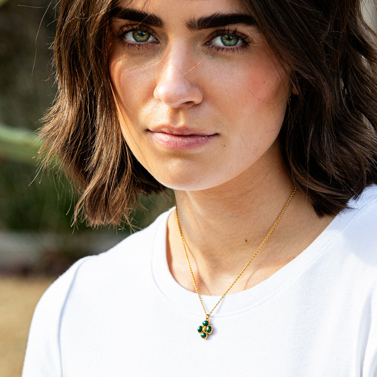 Berry Clover Double Sided Charm Necklace, 16"+ 2" in Malachite