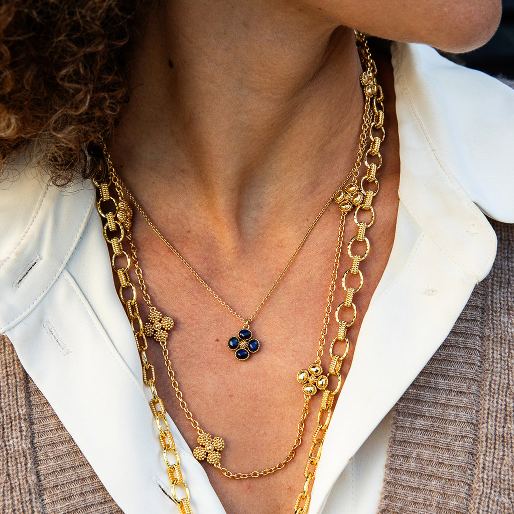Berry Clover Double Sided Charm Necklace, 16"+ 2" in Blue Labradorite