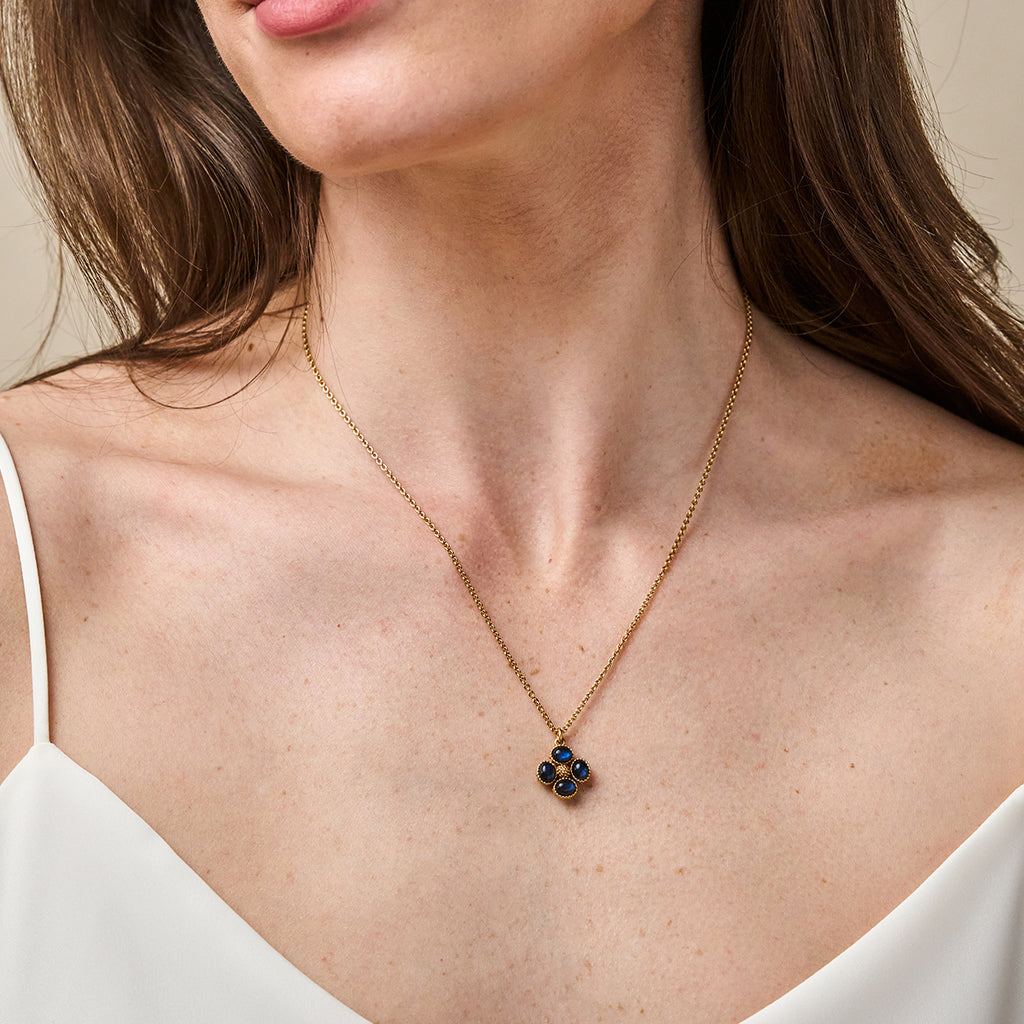 Berry Clover Double Sided Charm Necklace, 16"+ 2" in Blue Labradorite