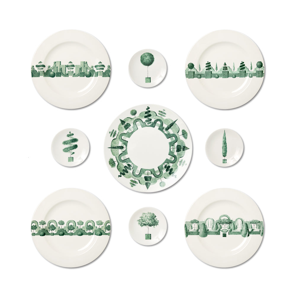 Top view of Jardin á L’Italienne Bread Plate 04 showcasing green topiary garden motif on white background