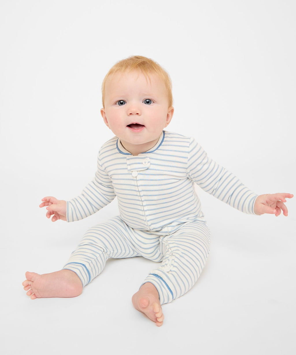 Ziggy Zip Romper in Dusty Blue Mini Stripe