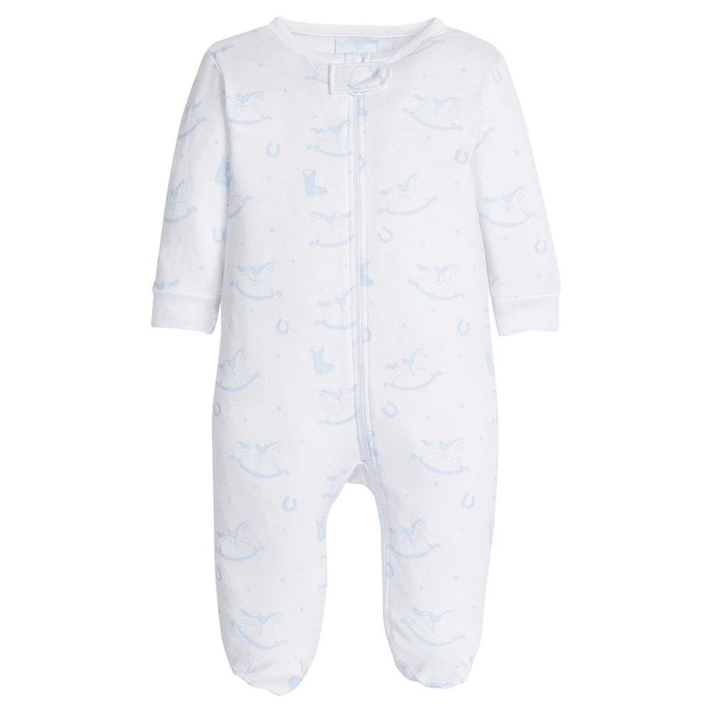 little english classic children's clothing baby boys zippered footie with blue rocking horse all over print 