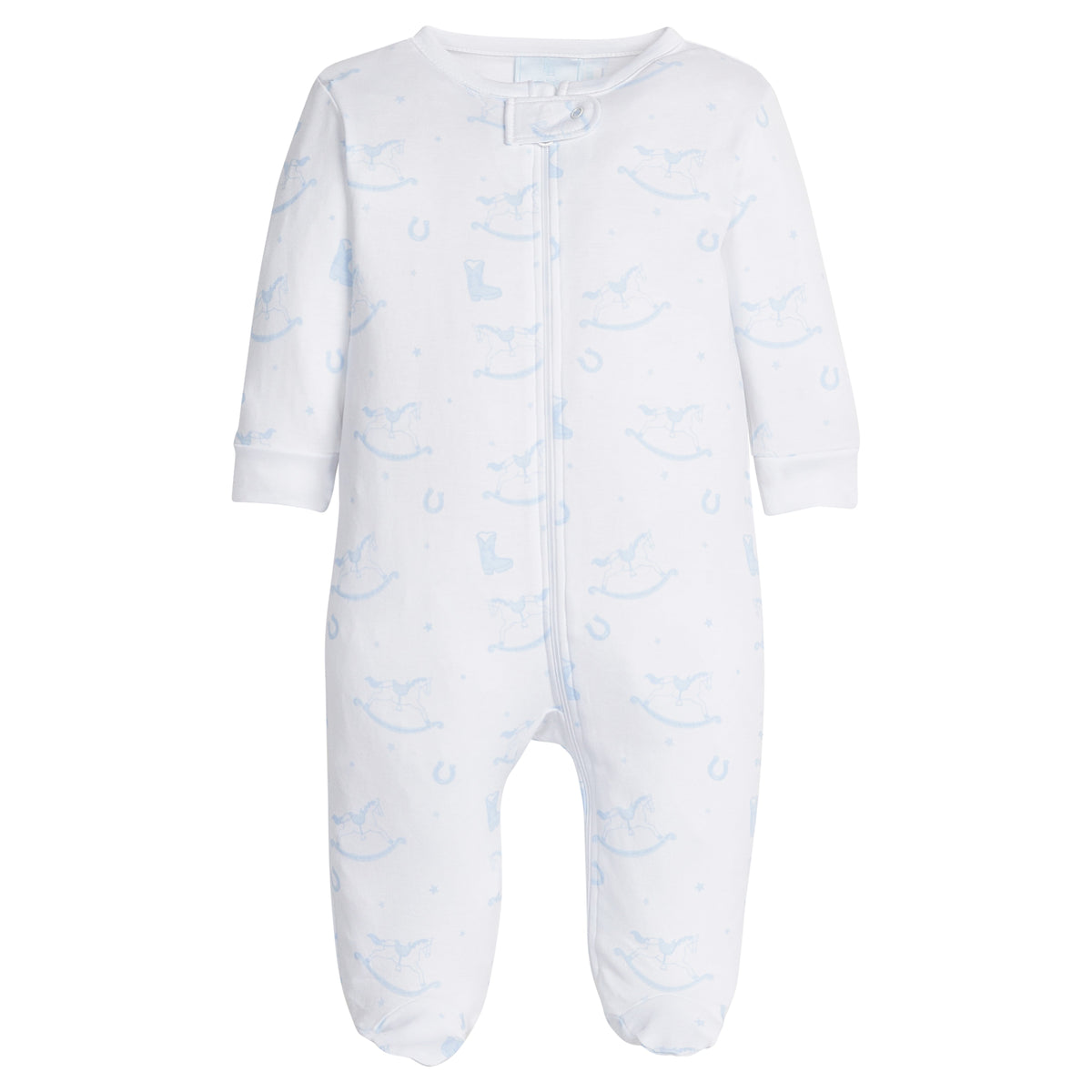 little english classic children's clothing baby boys zippered footie with blue rocking horse all over print 