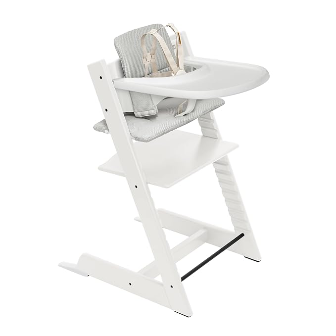 Stokke Tripp Trapp High Chair 2 (White), Cushion 2 (Nordic Grey) + Stokke Tray (White) - Includes Chair + Baby Set with Removable Harness for Children 6-36 Months