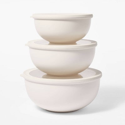 6pc (Set of 3) Plastic Mixing Bowl Set with Lids (Color: Cream)