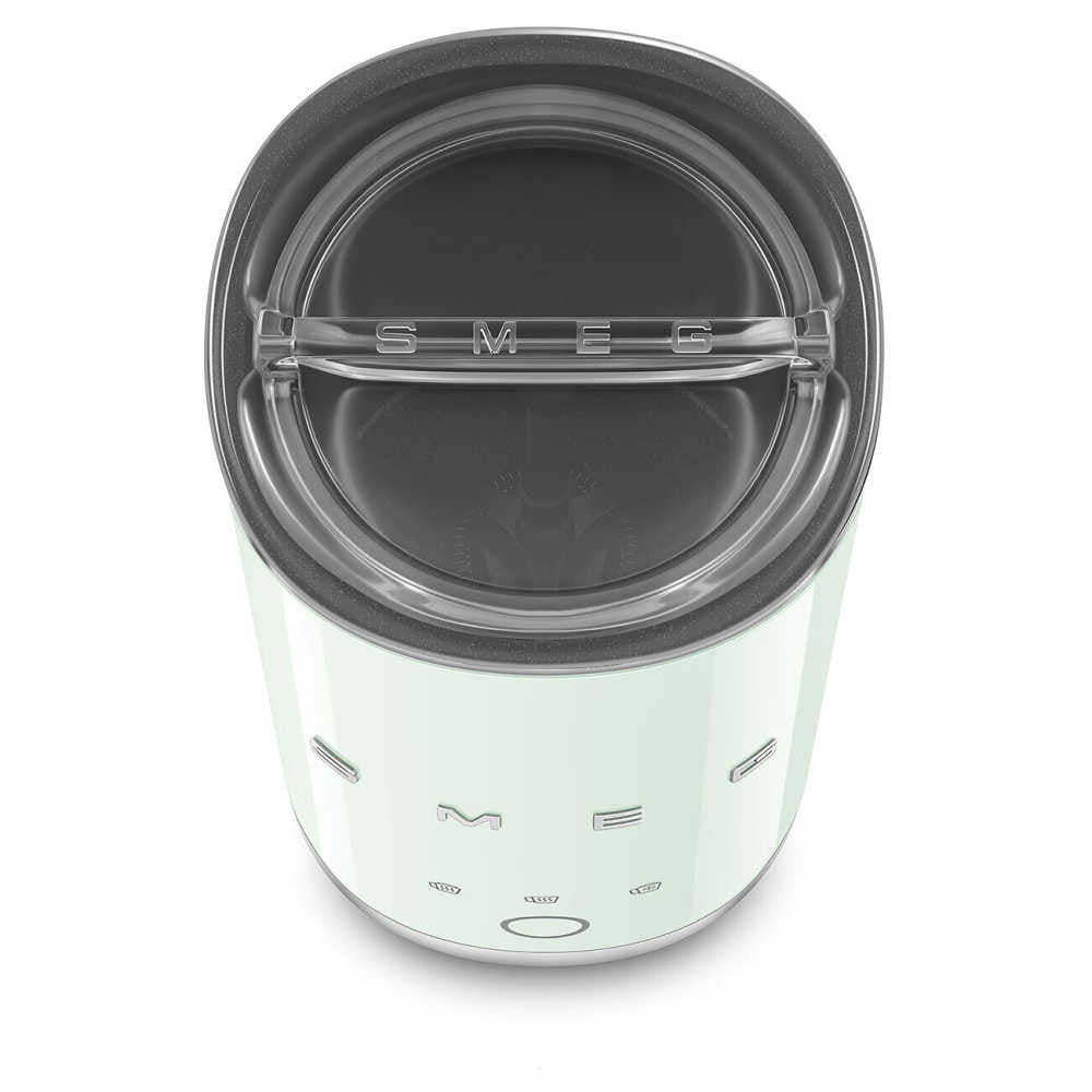 Top view of SMEG Mini Milk Frother in pastel green showcasing its clear lid and control icons with a white background