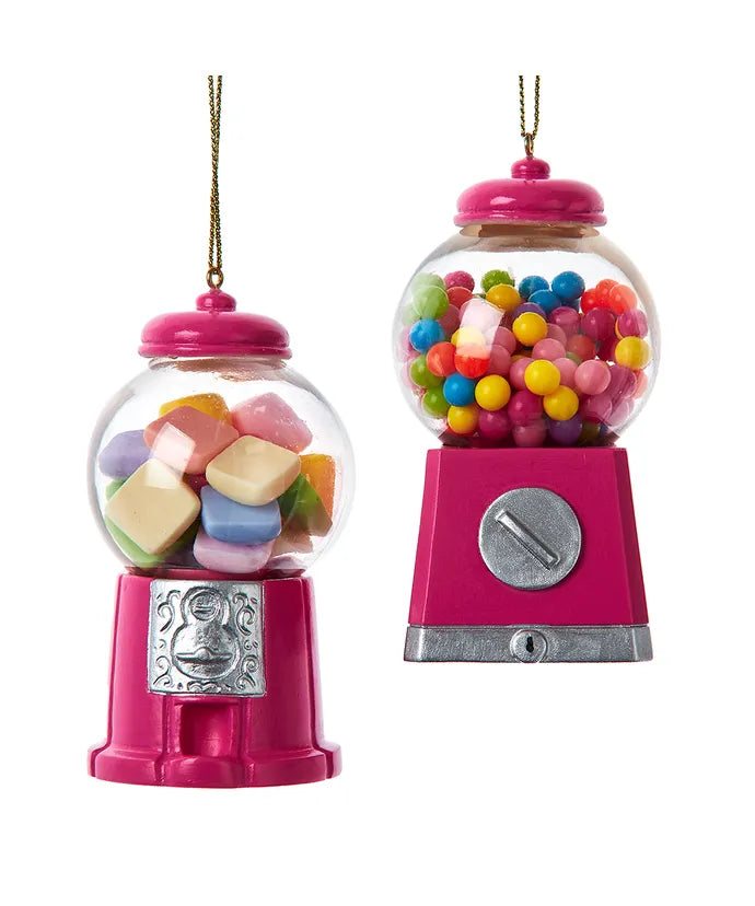 Front view of Candy Machine Ornaments, 2 Assorted showcasing pink candy dispensers with colorful candy and hanging cords on a white background