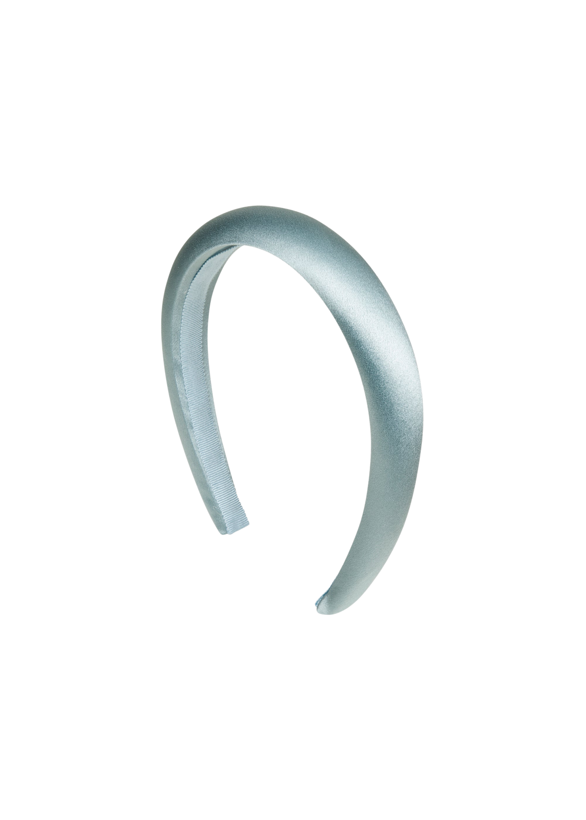 Front view of Tori Headband in Satin in Powder showcasing its padded silk exterior and grosgrain inner band with a black background