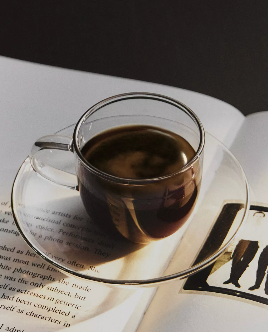 BOROSILICATE GLASS TEA CUP AND SAUCER WITH SILVER RIM