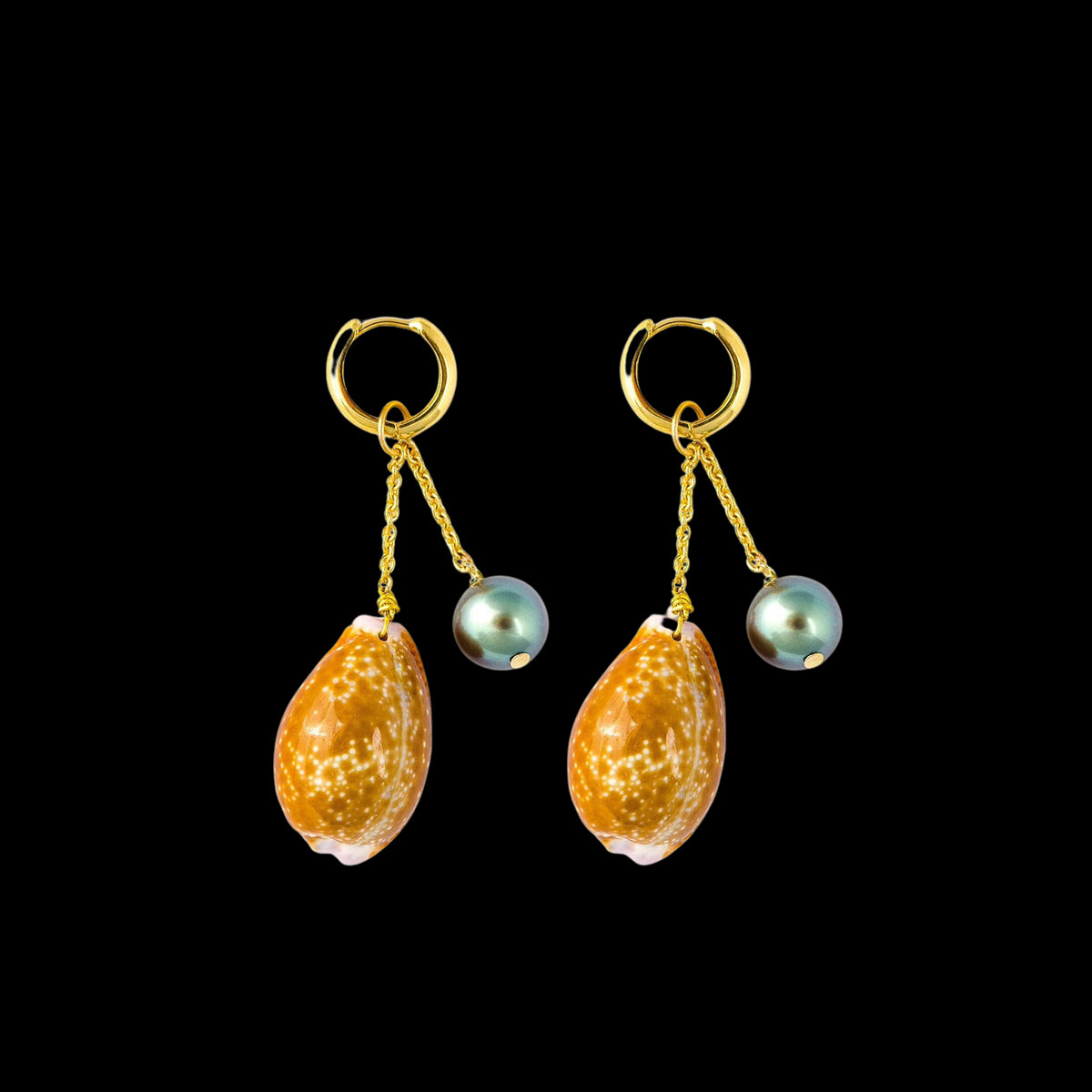 Les Charmantes Tahitian Pearl & Shell Charm Gold Earrings