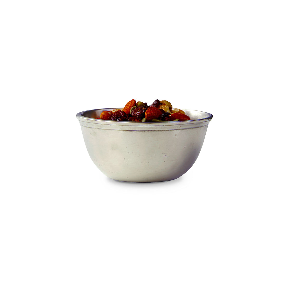 Front view of the Little Bowl showcasing its pewter finish and dried fruit contents against a white background