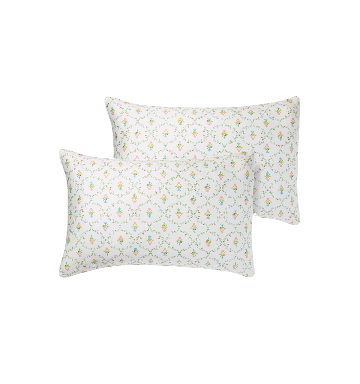 Front view of Pastel Trellis pillowcase set of two showcasing small pastel floral trellis pattern on white background