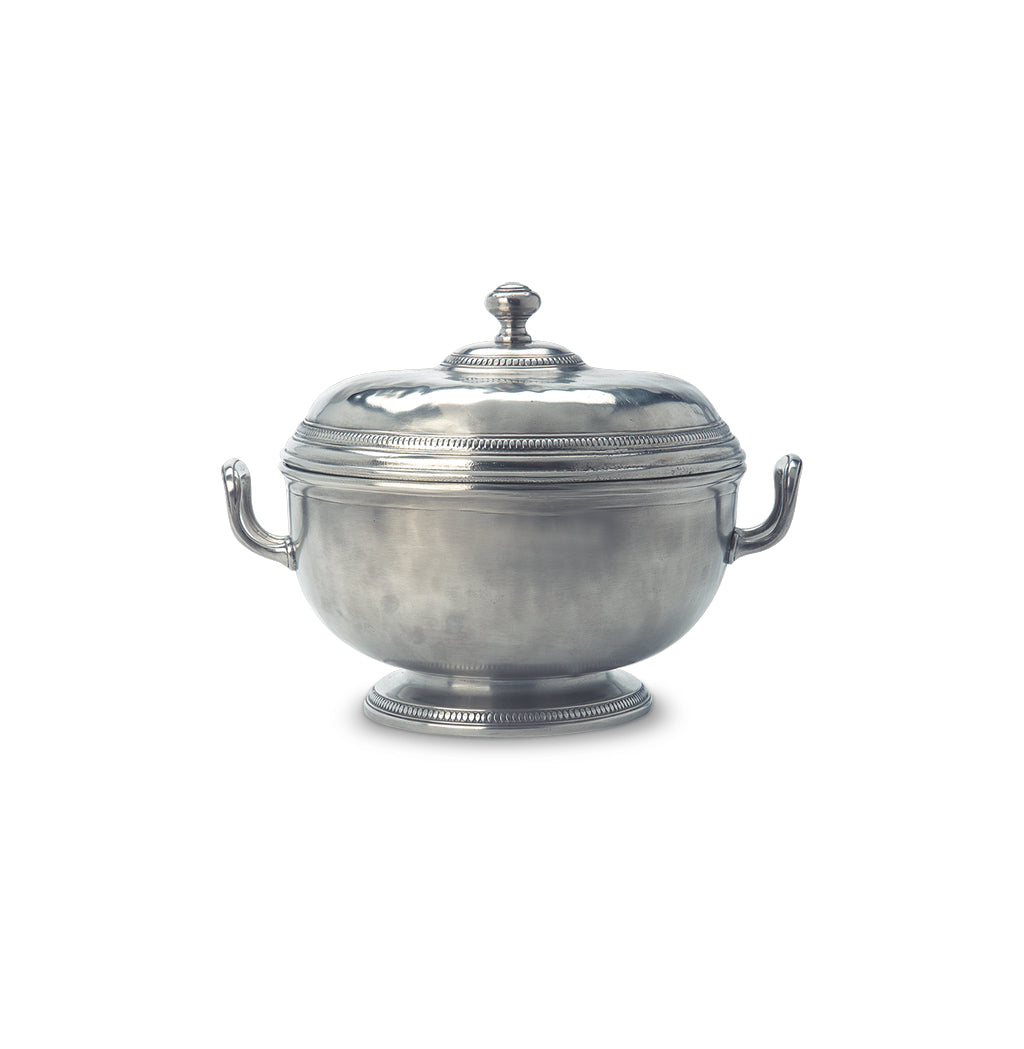 Front view of Beaded Round Tureen showcasing beaded trim, domed lid, and side handles with a white background