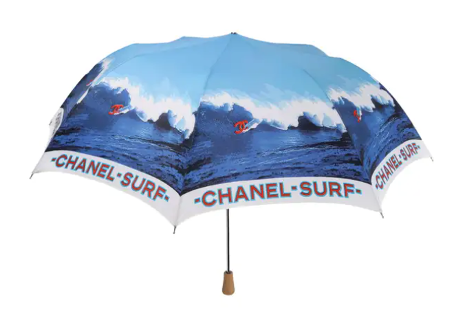 CHANEL 2002 "Surf Line" Red White Blue CC Wave Large Parasol Umbrella w/ Cover