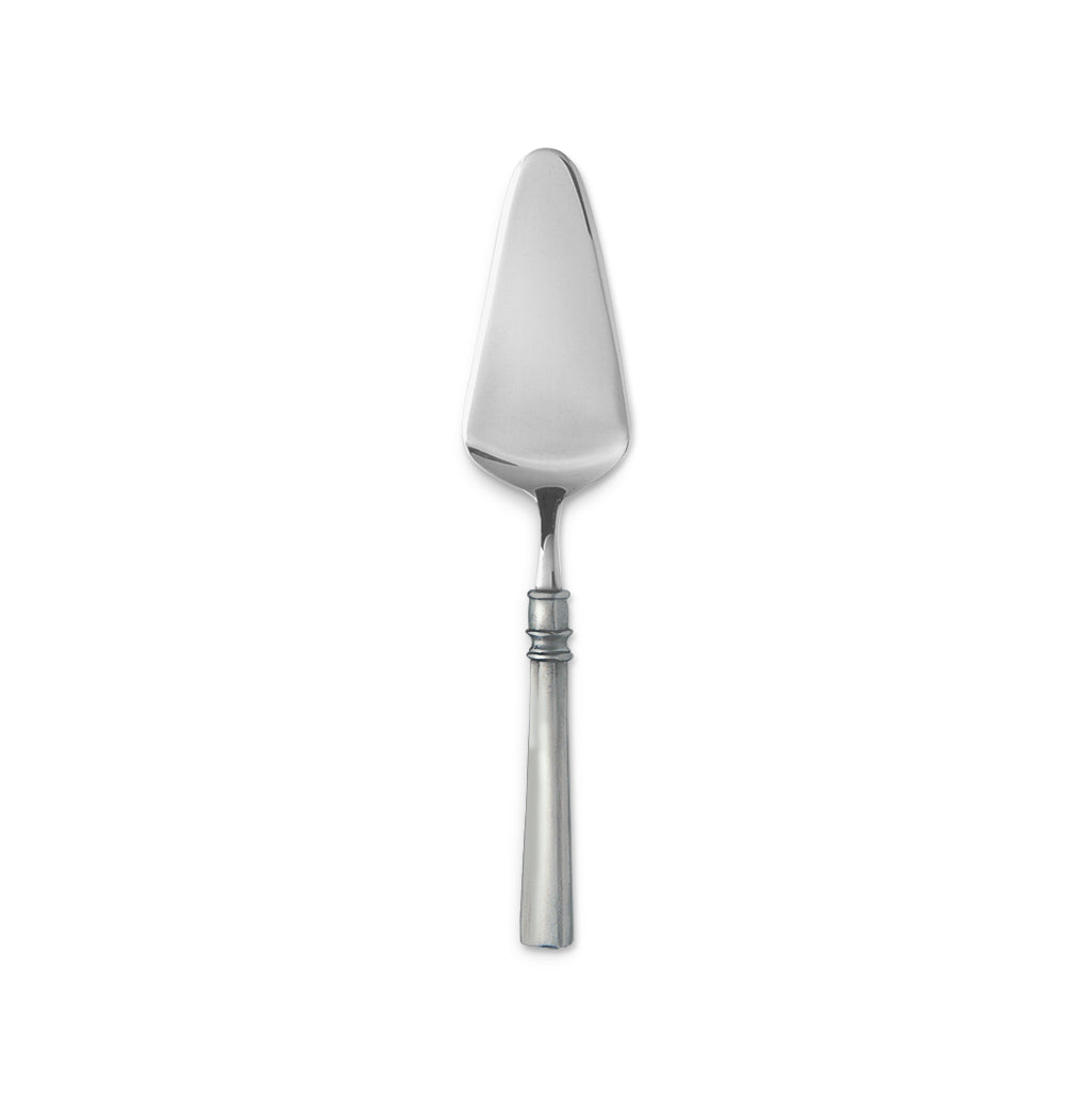 Front view of Lucia Cake Server showcasing its broad serving blade and ringed handle against a white background