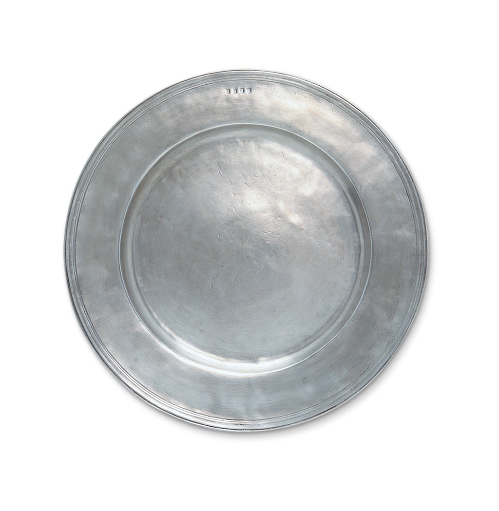 Top view of Round Platter, Medium showcasing its raised rim and pewter finish on a white background