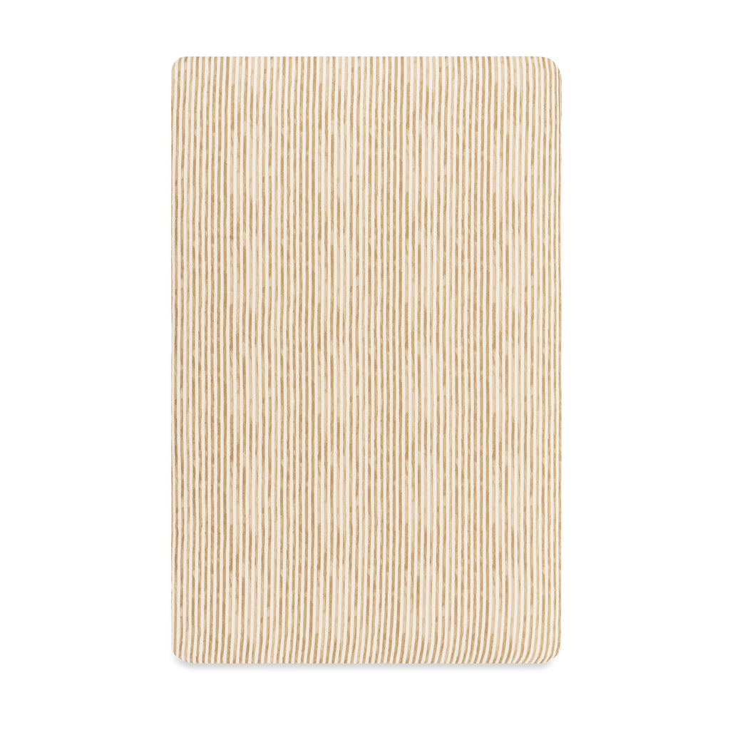 Front view of Nate Berkus mini crib sheet in Autumn Stripe GOTS Certified Organic Brushed Cotton on white