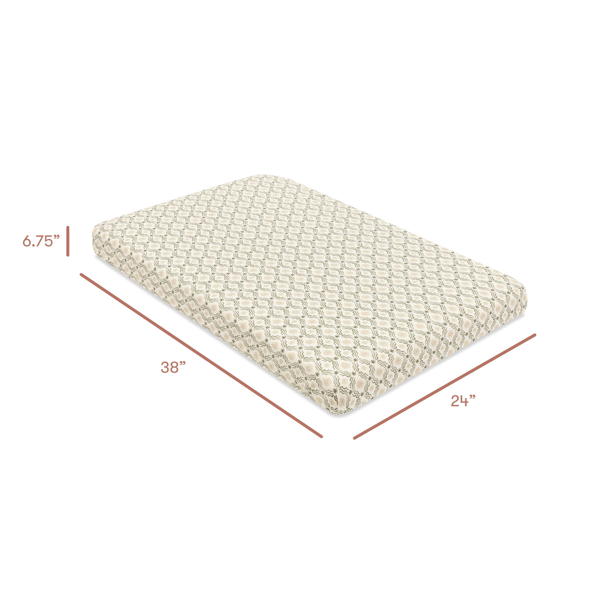 Angled view of mini crib sheet in Juniper Star organic brushed cotton showing 6.75, 38, and 24 inch dimensions