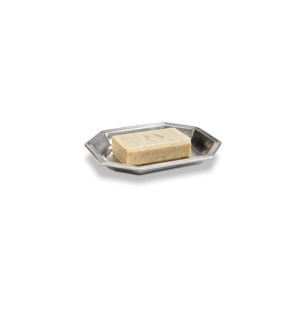 Angled view of Dolomiti Soap Dish showcasing its raised rim and hexagonal shape with a white background