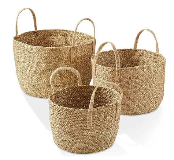 Casafield Set of 3 Braided Seagrass Baskets with Jute Handles - Natural, Woven Storage Basket Planters, Boho Decor for Entryway, Living Room, Bedroom