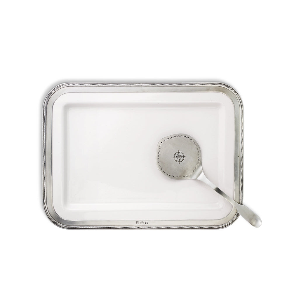 Top view of Luisa Rectangular Platter, Large showcasing ceramic center and pewter rope border with spoon on white background