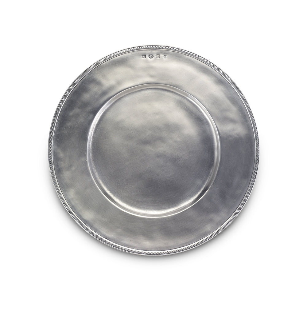Overhead view of Luisa charger showing hand-hammered Italian pewter finish and rope-pattern border on white background