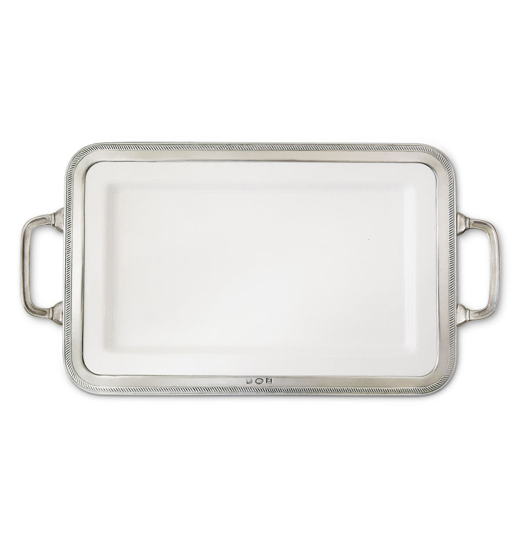 Top view of Luisa medium rectangular platter with handles showcasing ceramic and Italian pewter rope-pattern border on white