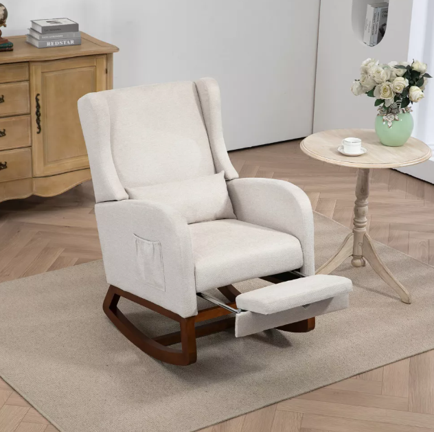 25.4"W Mid-Century Upholstered Rocking Chair with Retractable Footrest and Side Pocket for Nursery, 4Q- ModernLuxe