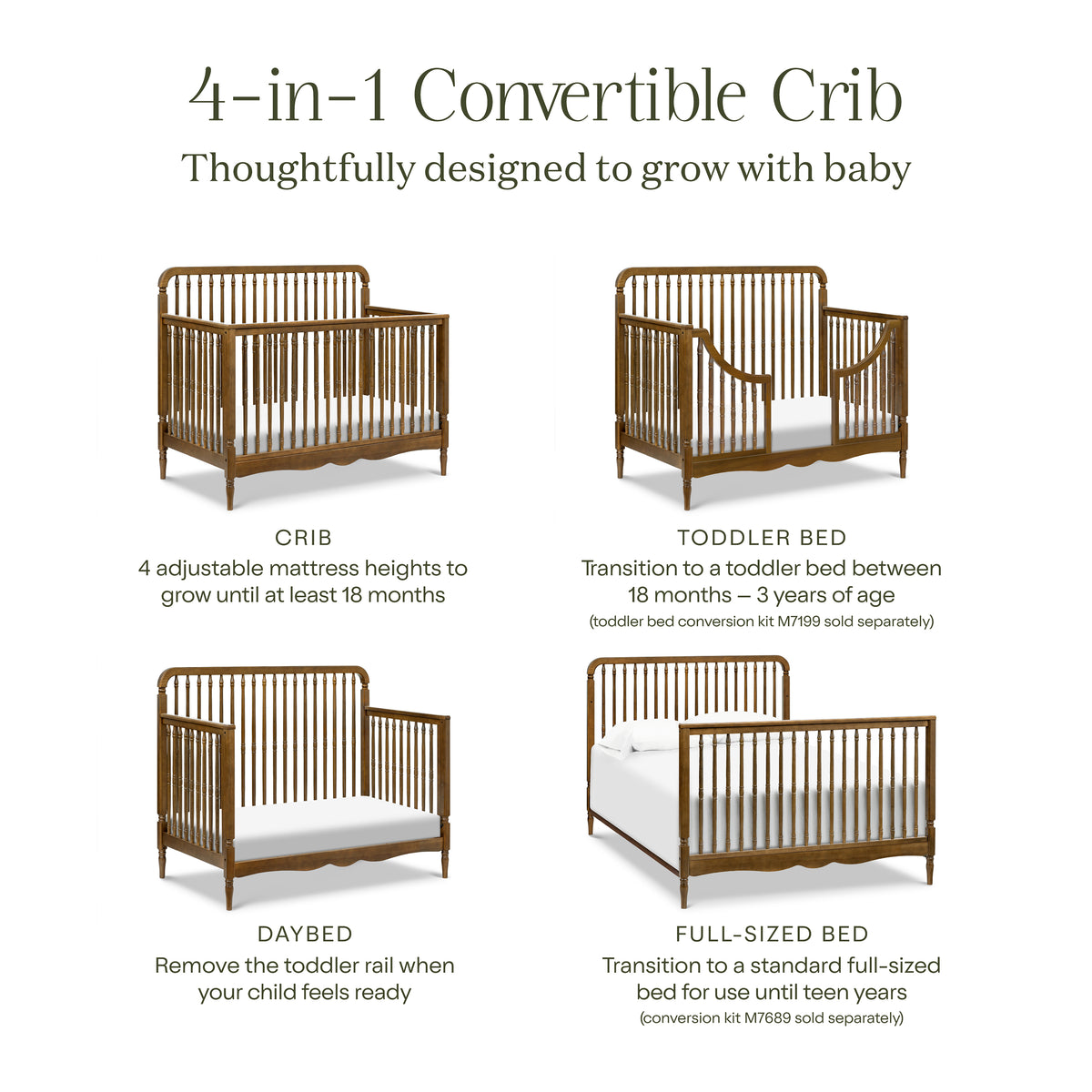 Liberty 4-in-1 Convertible Spindle Crib in Natural Walnut