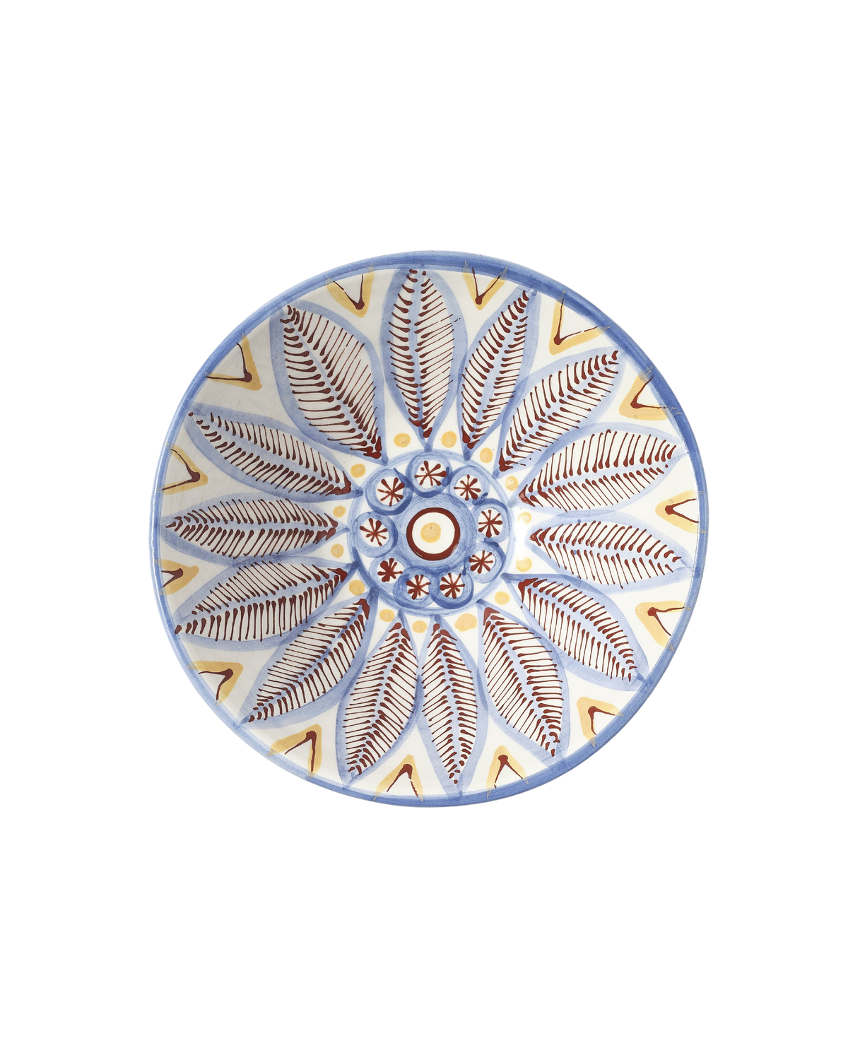 Top view of Atalanti Serving Bowl showcasing yellow and blue hand-painted pattern with a black background