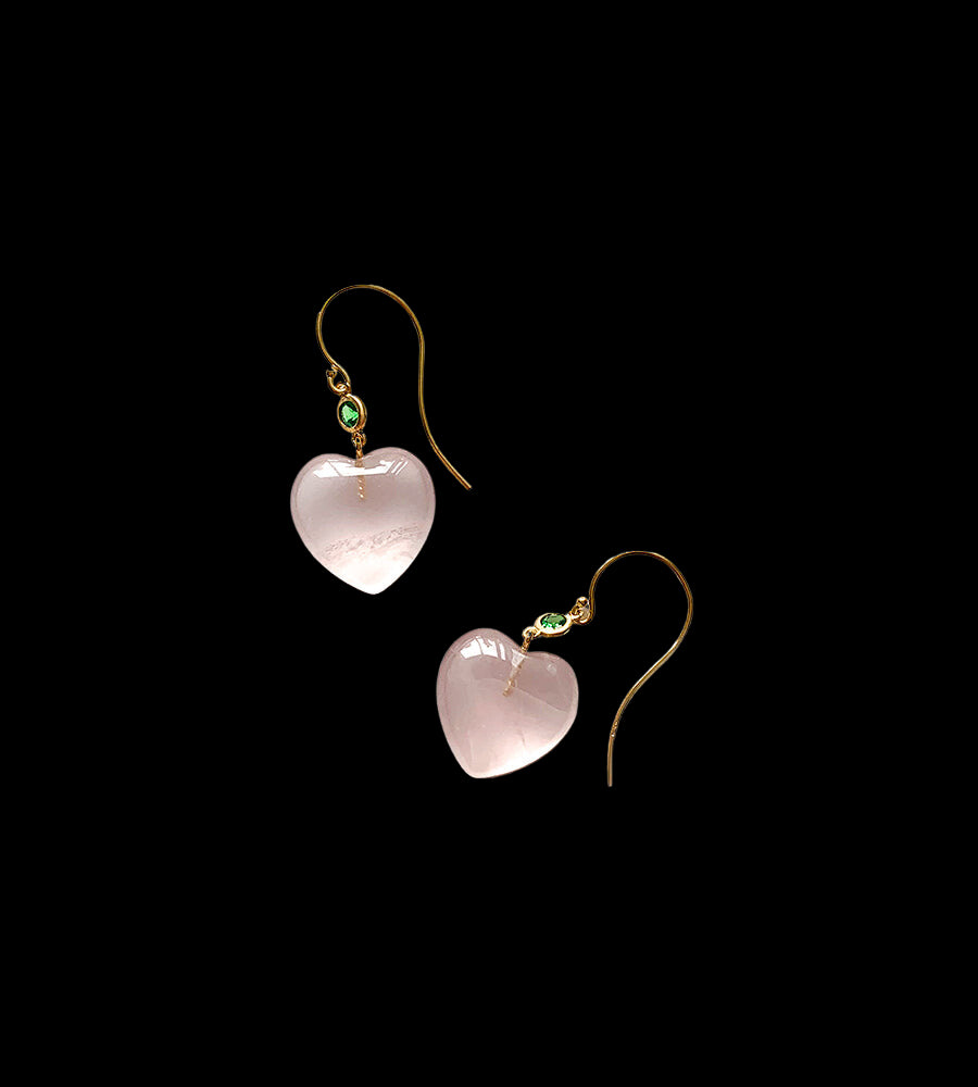 Petits Coeurs Rose Quartz & Tsavorite Gold Earrings