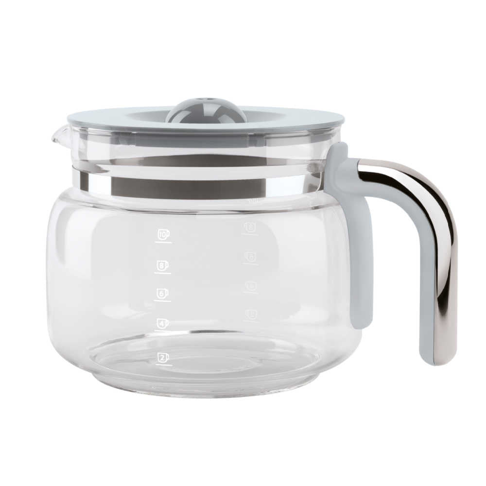 Front view of SMEG 10-cup glass coffee carafe showcasing clear glass body, gray lid, and chrome-accent handle on white background