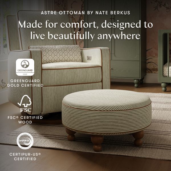 Astre Ottoman by Nate Berkus in Performance Olive Stripe Eco-Crossweave with Toffee Feet