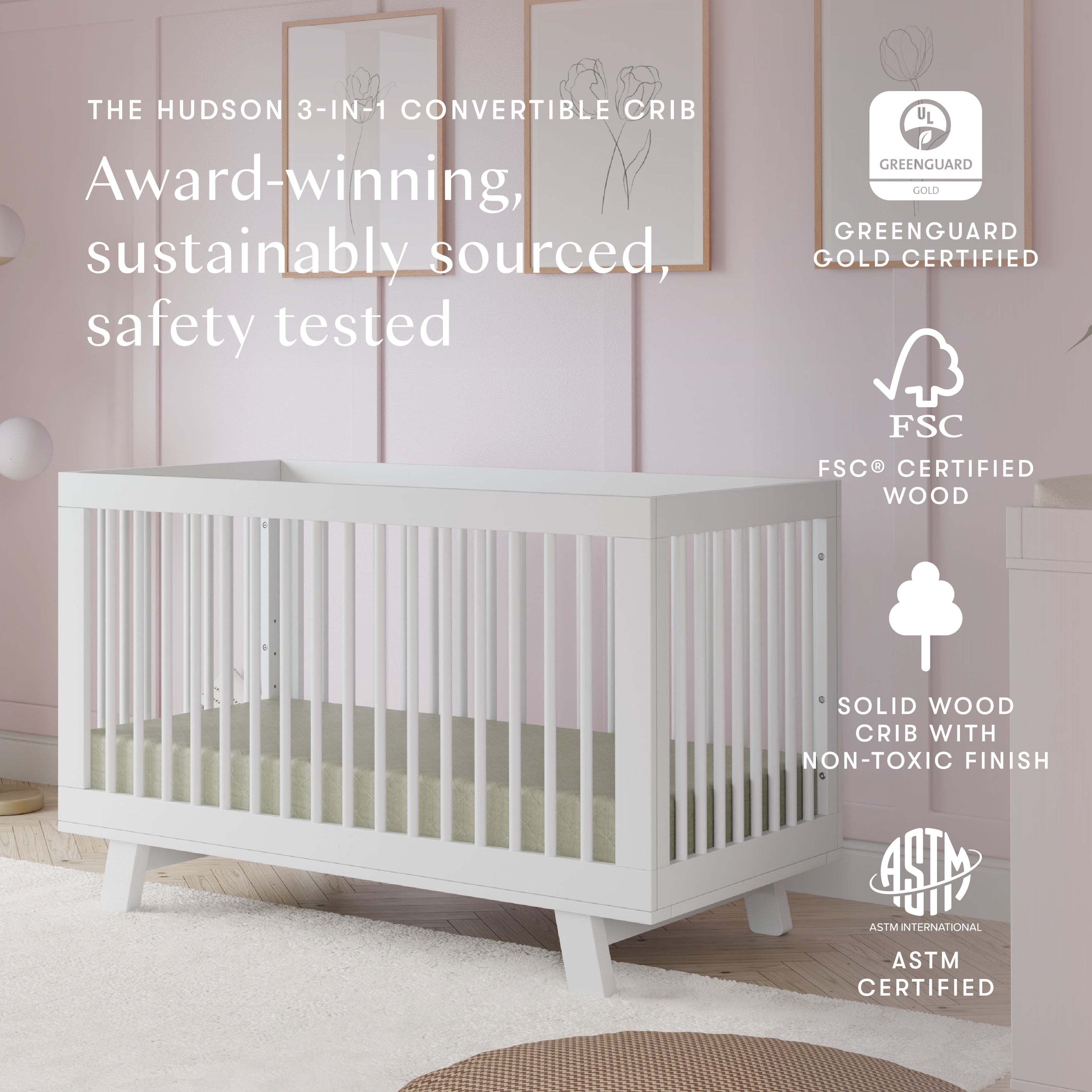 Hudson 3-in-1 Convertible Crib with Toddler Bed Conversion Kit in White