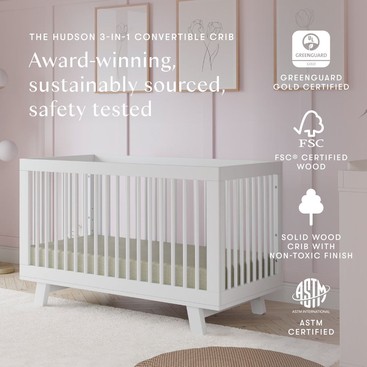 Hudson 3-in-1 Convertible Crib with Toddler Bed Conversion Kit in White