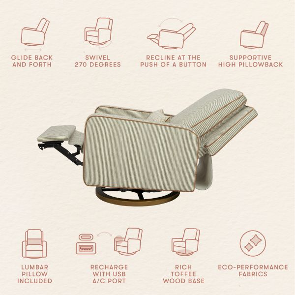Rear view of Sigi electronic recliner and glider showcasing 270-degree swivel, USB-C port, and toffee wood base