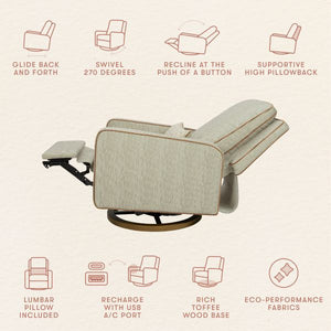 Rear view of Sigi electronic recliner and glider showcasing 270-degree swivel, USB-C port, and toffee wood base