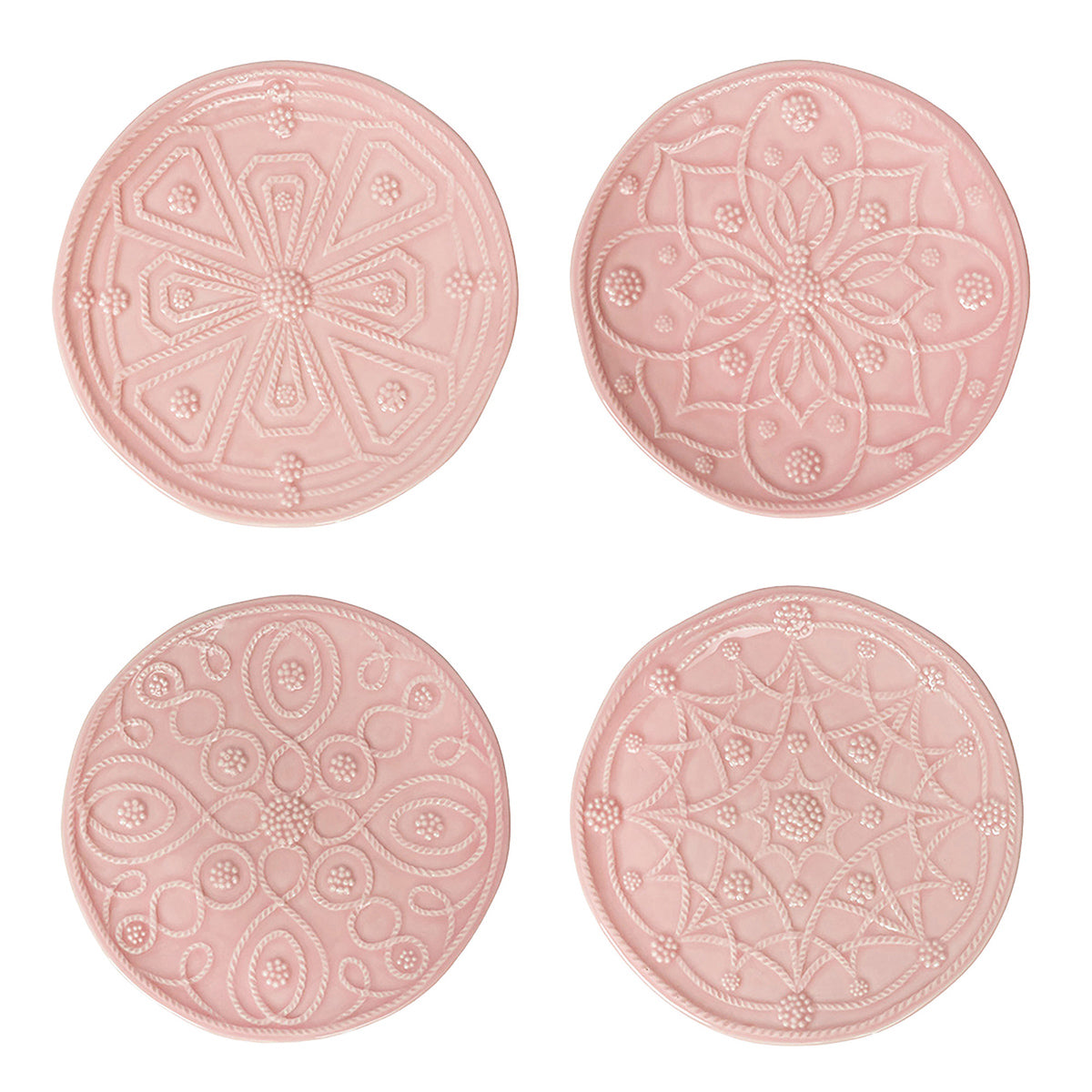 Top view of blush Jardins Du Monde side plates, set of four, with assorted embossed floral patterns on white