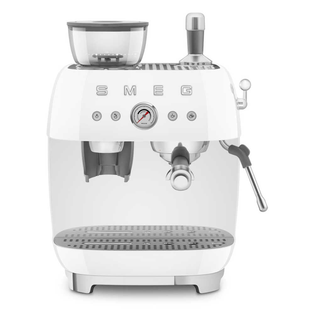 Front view of white SMEG Espresso Machine and Grinder showcasing integrated grinder and pressure gauge with white background