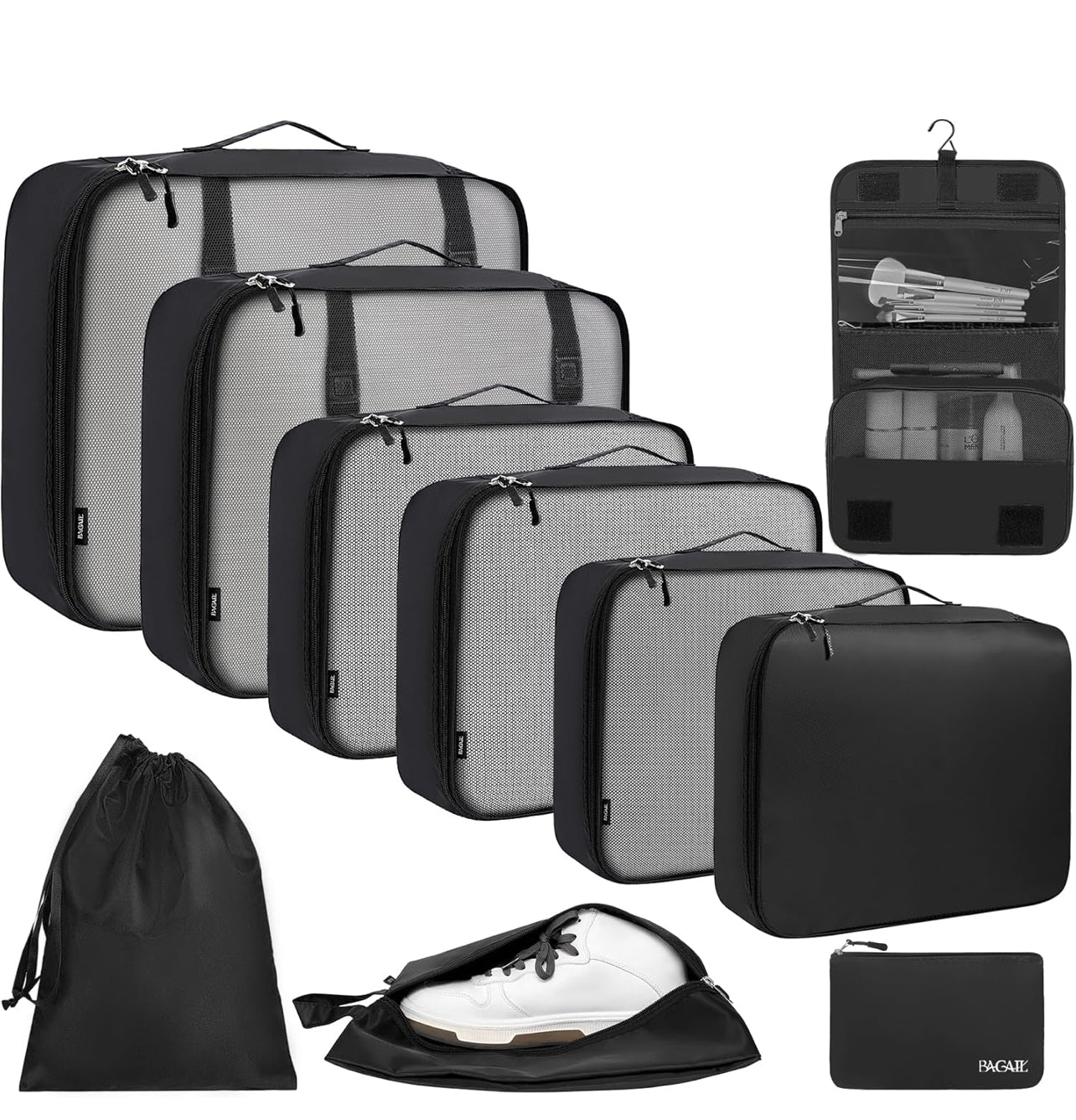 BAGAIL 10 Set Packing Cubes Carry On Suitcase - Black