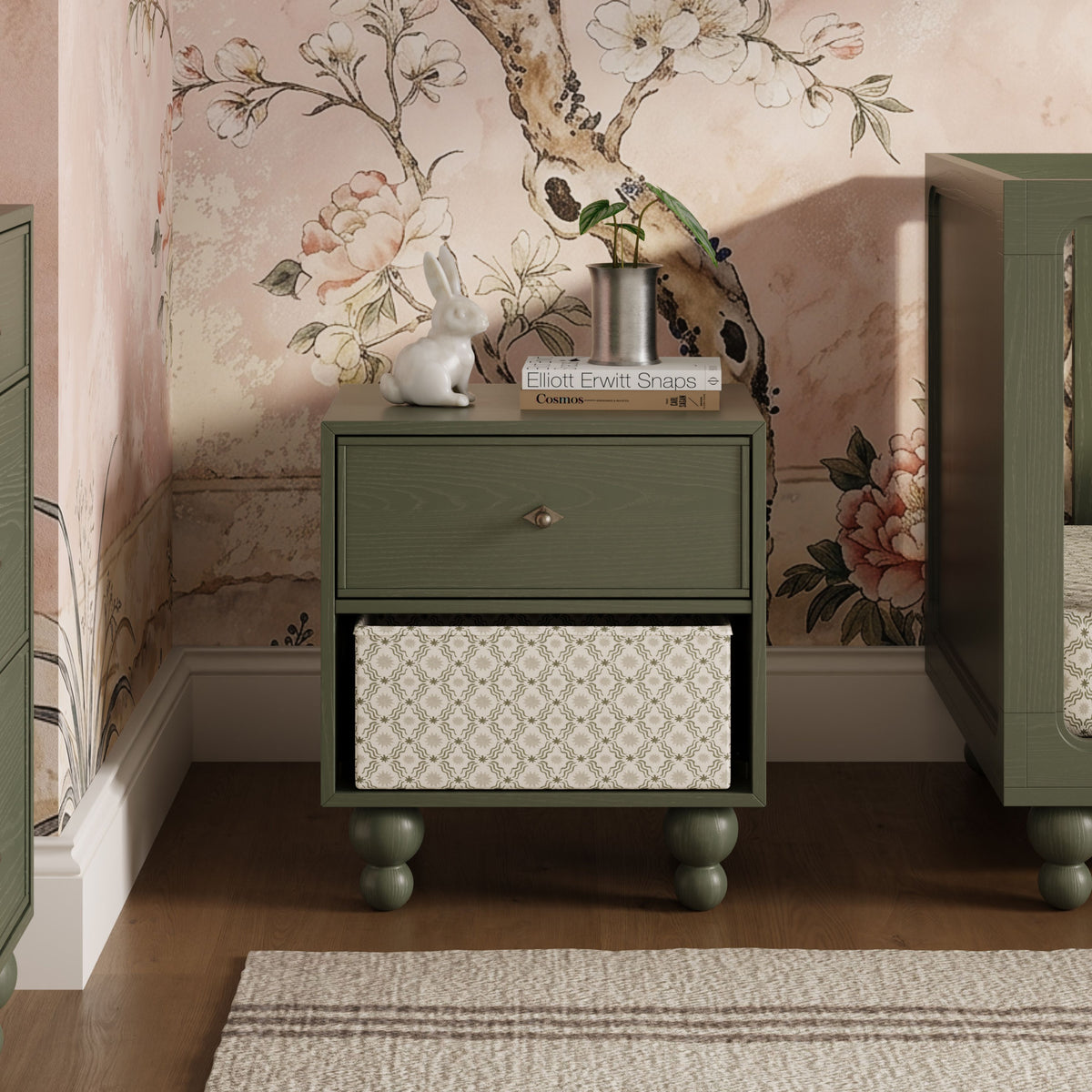Front view of Astre assembled nightstand by Nate Berkus in Archival Elm showcasing a green finish and patterned drawer front