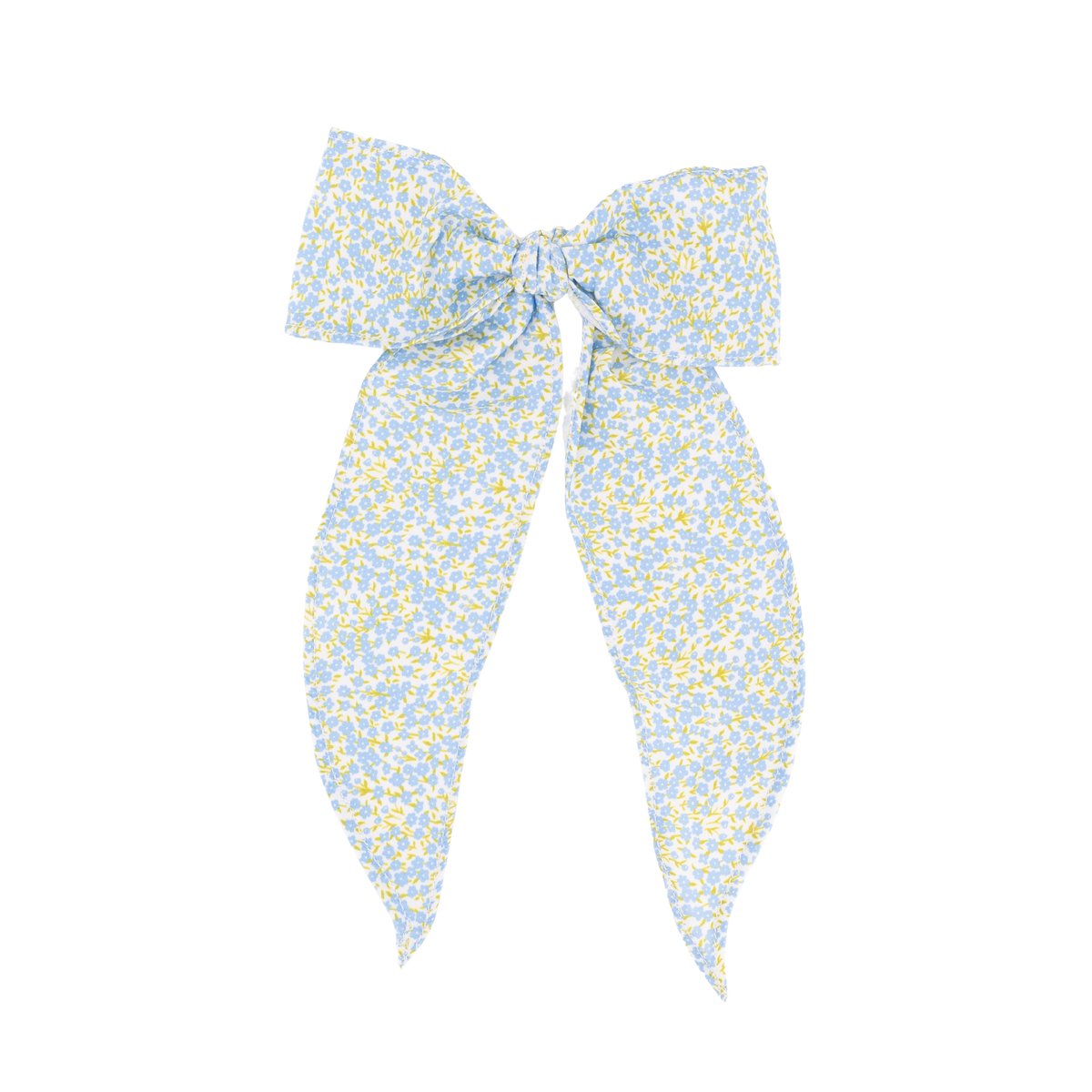 Front view of Olivia Bow showcasing blue and yellow floral pattern with black background