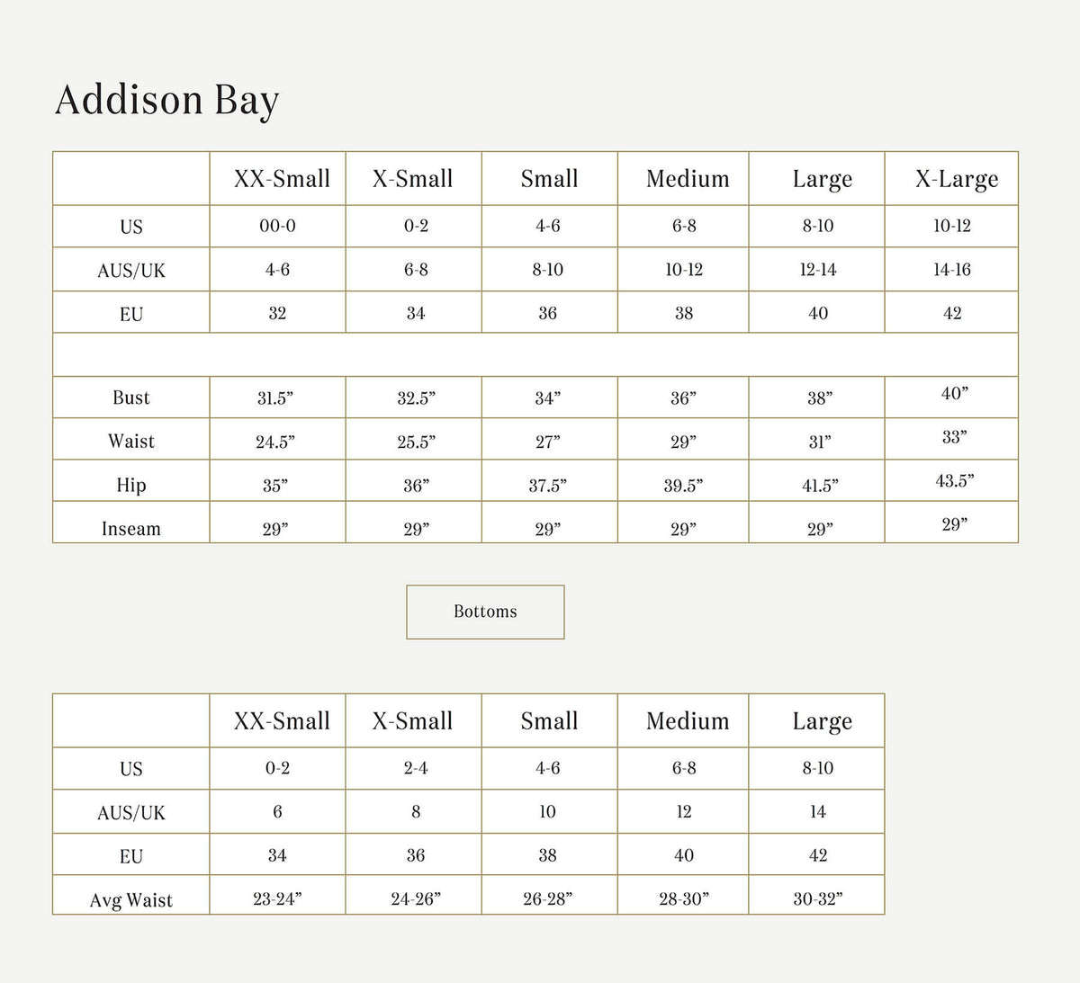 Addison Bay Size Guide
