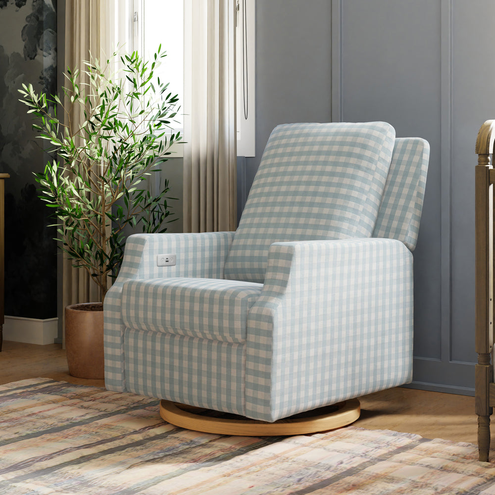 Crewe Electronic Recliner and Swivel Glider in Blue Gingham with Light Wood Base