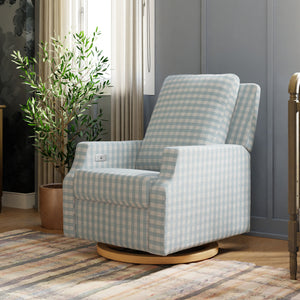 Crewe Electronic Recliner and Swivel Glider in Blue Gingham with Light Wood Base